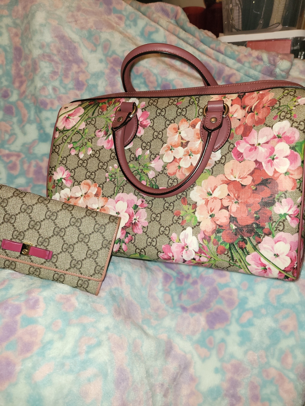 Gucci GG Canvas Floral Satchel with Pink Trim
